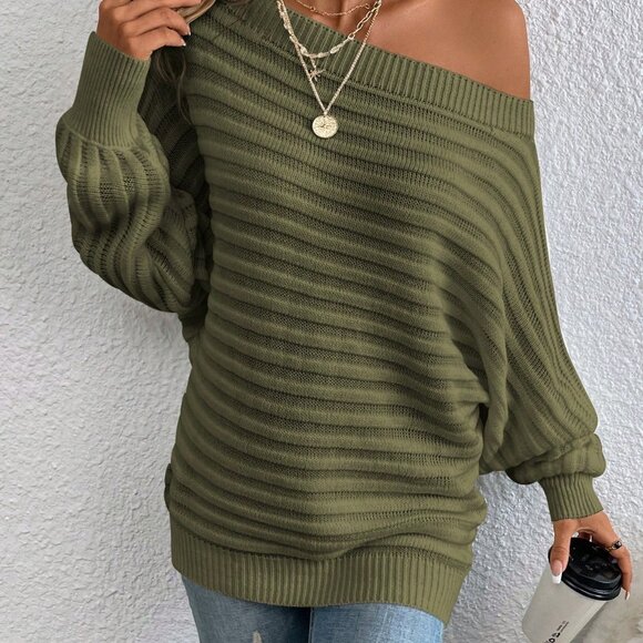 Army Green Casual Women's Boat Neck Batwing Sleeve Textured Knit Sweater - Picture 6 of 7